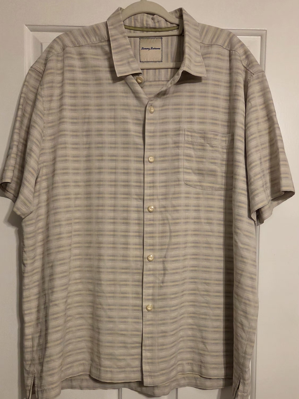 Tommy Bahama Shirt Men's XXL Silk Cotton Gray Beige Striped Short Sleeve Camp